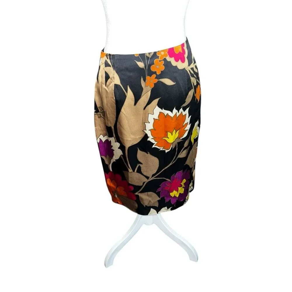 Escada Silk Floral Tulip Skirt Black Pink Orange Draped EU 34